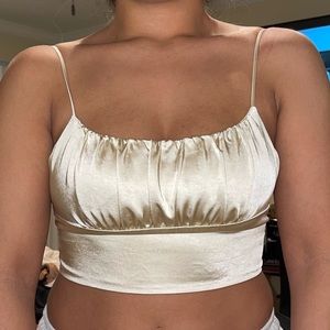 Zara Women's Cream and Gold satin Crop-top